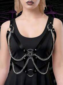 1pc Women's Dark Punk Style Star Fringe Chain Sexy Bustier Harness Suitable For Carnival Party - Black - View 2