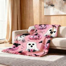 1pc Pink Ghost Pumpkin Bat Spider Flannel Blanket, Love Theme Gift, 2D Printed Soft All-Season Warm Blanket, Suitable For Sofa, Chair, Living Room, Bedroom, Office, Travel And Home Decor, Halloween/Holiday Gift - Multicolor - View 10