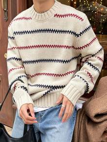 Vaulklash Men's Minimalist Striped Neutral Style Crew Neck Pullover Long Sleeve Knit Sweater, Casual Versatile, Suitable For Various Occasions - White - View 4