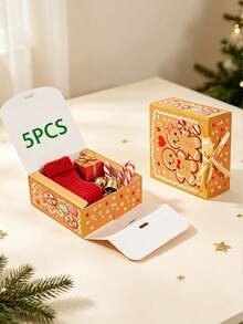 5PCS Christmas Gingerbread Man Flip Top Gift Boxes (With Bows), Size 4.53*4.53*1.97 Inches, For Candy, Jewelry Small Gifts Christmas Paper Packaging Boxes And Holiday Gift Packaging - View 11