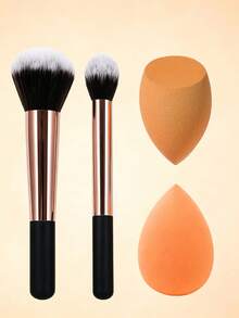 4pcs Makeup Tool Set, 2 Makeup Brushes And 2 Makeup Sponges Set, Soft And Fluffy Bristles For Foundation And Blush, Non-Absorbent Makeup Sponges For Smooth Makeup Effect - Multicolor - View 1