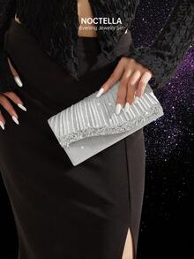Noctella Sparkling Rhinestone Envelope Clutch Evening Bag, New Women's Shoulder Bag Party Bag, Paired With Sparkling Rhinestone Pendant Jewelry 2 Pieces Set, Luxury Rhinestone Pendant Necklace And Earrings, Matches Sequin Dress, Wedding Dress, Suitable For Party, Wedding, Gathering, Ball - Silver - View 4