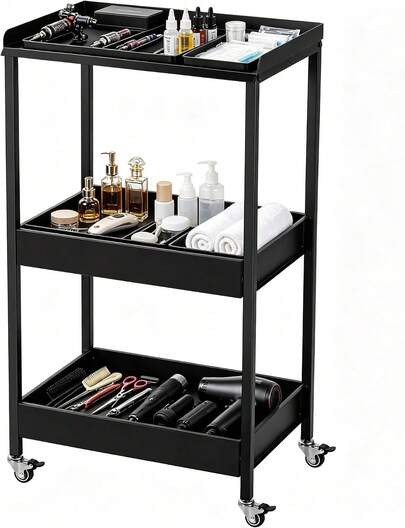Three Tier Salon Rolling Utility Trolley Cart, Heavy Duty Metal Storage Organizer Rack, Beauty Spa Tattoo Studio Hairdresser Furniture With Universal Caster Wheels, Modern Style, Black, One Piece