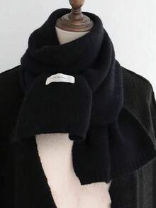 1pc Unisex Solid Color Knitted Warm Scarf, Soft Comfortable Label Decor Rectangular Scarf With Ribbed Hem, Casual Minimalist Autumn/Winter Daily Outdoor Wear - Multicolor - View 5