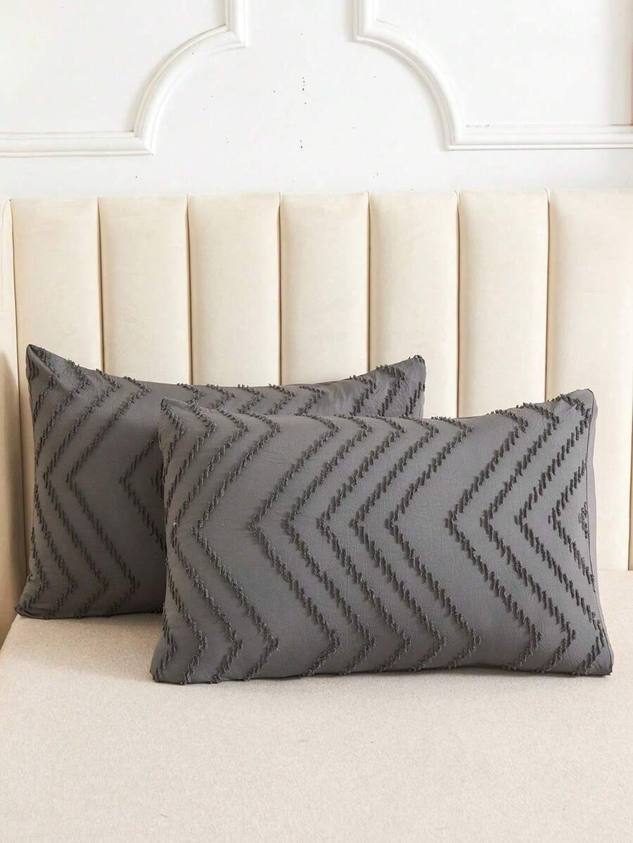 1pair Chevron Tufted Pillow Case, Fabric Bed Pillow Case For Home - Dark Grey - View 1