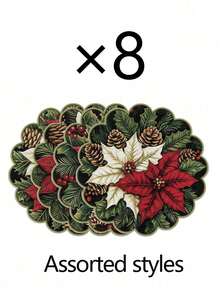 8pcs/4pcs/1pc Round Placemats, Winter Floral And Pine Cone Pattern, Suitable For Christmas Party Decoration, Theme Party, Christmas Dinner, Vintage Style Party - One Size Fits All - View 14