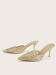 Women's Spring/Summer Fashion Hollow-Out Glitter Comfortable Elegant Elegant Mule High Heel Sandals Soft Pointed Toe Wine Glass Heel - Gold - View 3