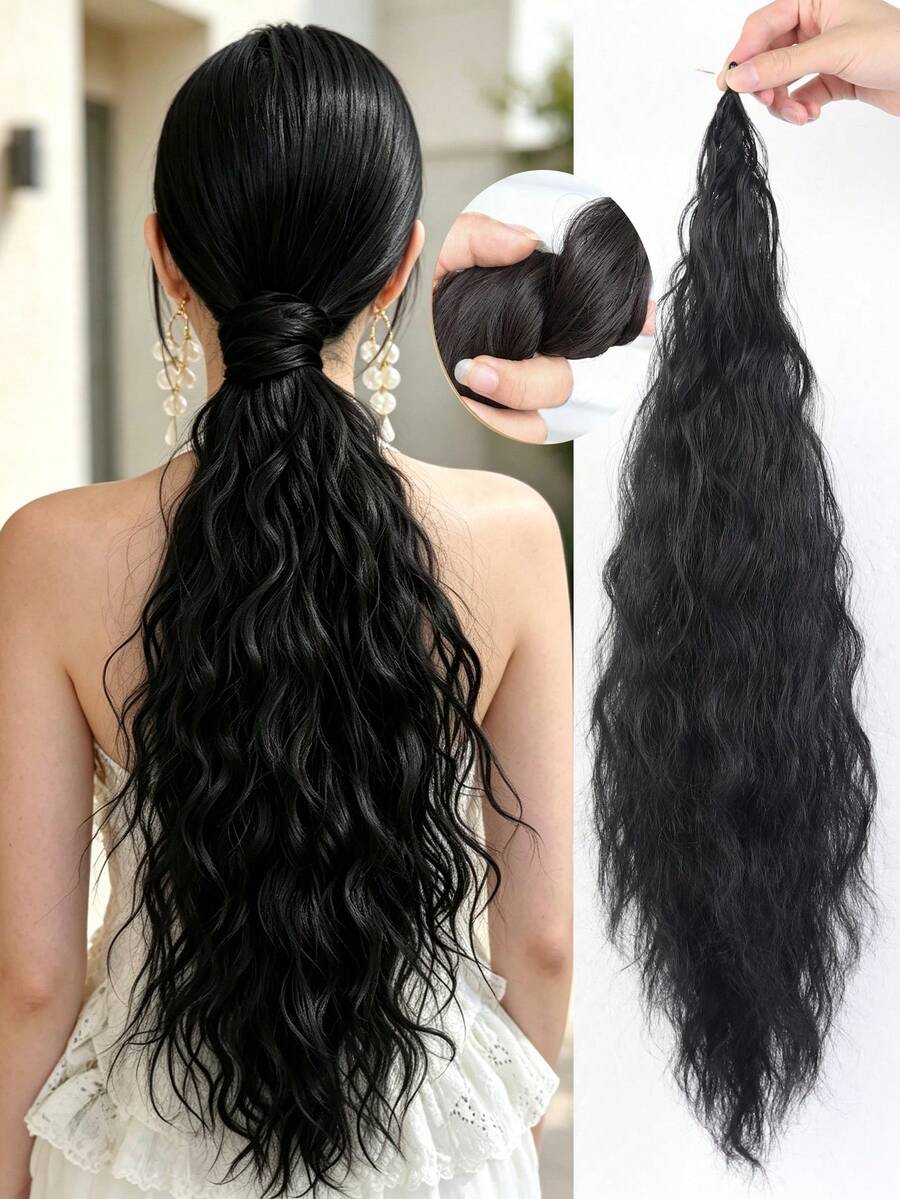Wave Curly Wrap Around Clip In Synthetic Fiber Hair Shaped Long Ponytail Extension Hair, Black Curly Natural Wavy Water Wave Extensions 16-34 Inch, Halloween