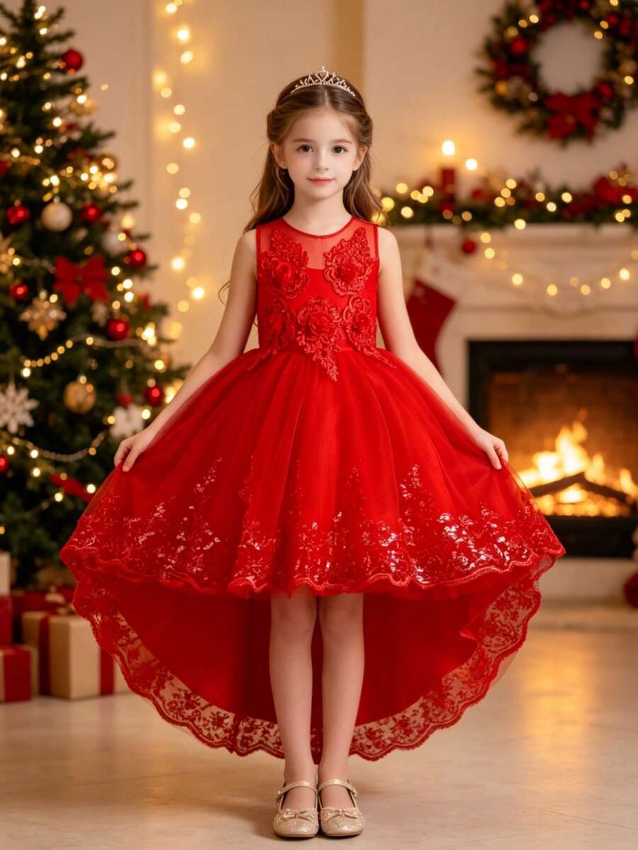 Girls' Sweet Princess Dress With Train, Wedding Flower Girl Gown, Birthday Party, Holiday, Pageant, Piano Performance, Evening Dress - Red - View 1