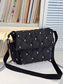 Cute Pink Bow Embroidery Messenger Bag, Quilted Diamond Pattern Crossbody Bag, Large Capacity Student Shoulder Bag - A - View 10