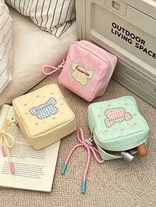 1pc/4pcs Pastoral Style Nylon Square Storage Bag, Plaid Embroidered Letter Pattern, Drawstring Wrist Strap, Zipper Closure, Portable Makeup Bag, Sanitary Napkin Storage Bag, Suitable For Daily Outings, Outdoor Travel, Spring And Autumn Daily Use,Travel Essential - Multicolor - View 7