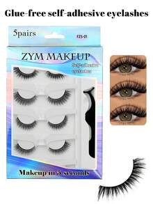 5 Pairs Self-Adhesive False Eyelashes, Pre-Glued Lightweight Strip Lashes, Use With Tweezers, Natural Voluminous Non-Exaggerated Curly Lightweight False Eyelashes, Suitable For Beginners, Press-On False Eyelashes, Faux Mink Fur Natural Effect, Reusable, Comfortable And Waterproof - Black - View 1