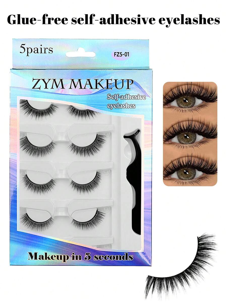 5 Pairs Self-Adhesive False Eyelashes, Pre-Glued Lightweight Strip Lashes, Use With Tweezers, Natural Voluminous Non-Exaggerated Curly Lightweight False Eyelashes, Suitable For Beginners, Press-On False Eyelashes, Faux Mink Fur Natural Effect, Reusable, Comfortable And Waterproof - Black - View 1