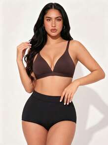 1pc V-Shaped Women's Comfortable Wireless Soft Cup Solid Color Bra - Coffee Brown - View 1
