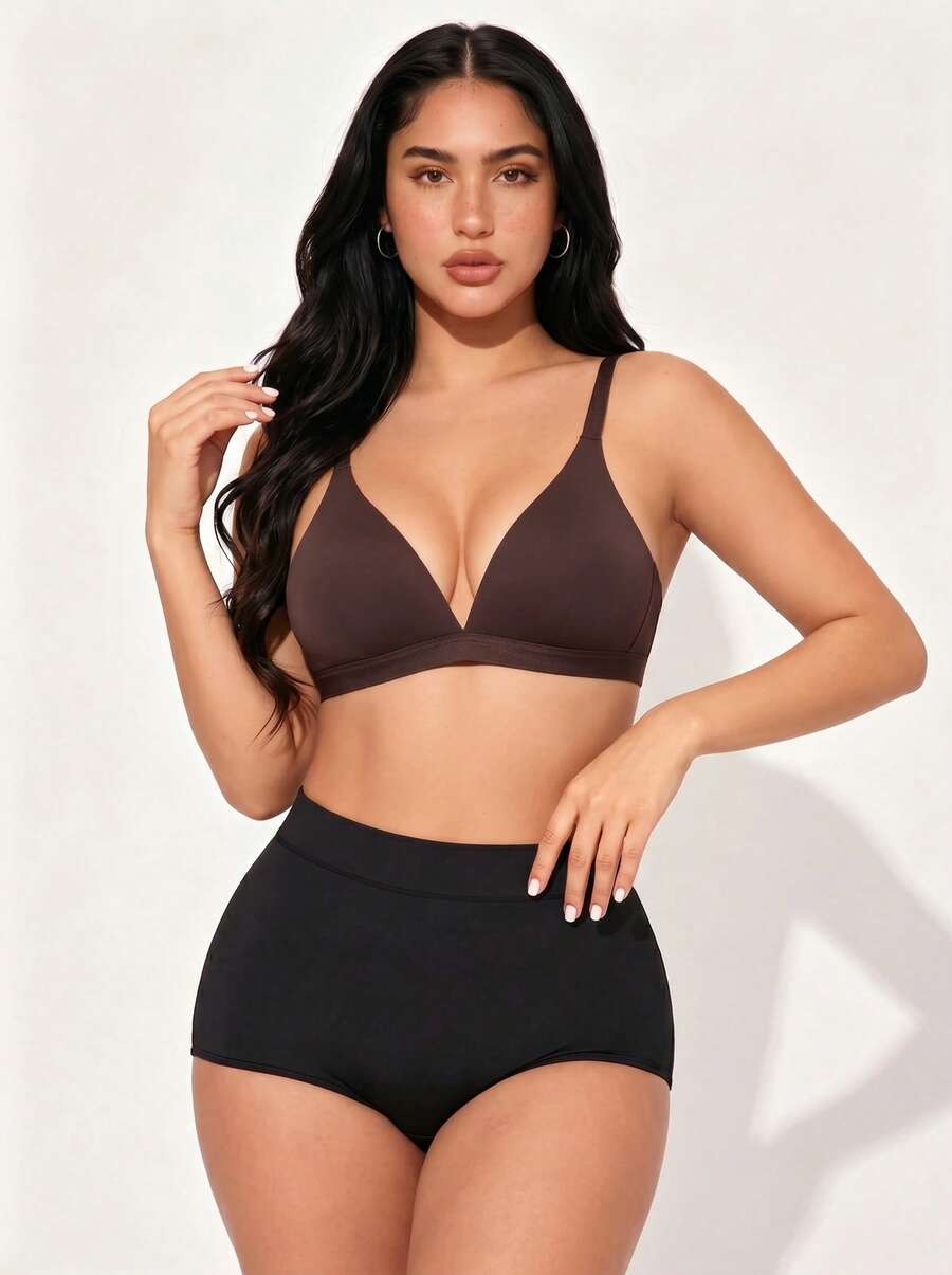 1pc V-Shaped Women's Comfortable Wireless Soft Cup Solid Color Bra - Coffee Brown - View 1