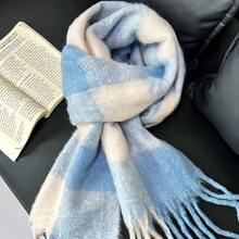 1pc Plaid Warm Decorative Tassel Scarf Suitable For Daily Use - Blue Rice Grid - View 7