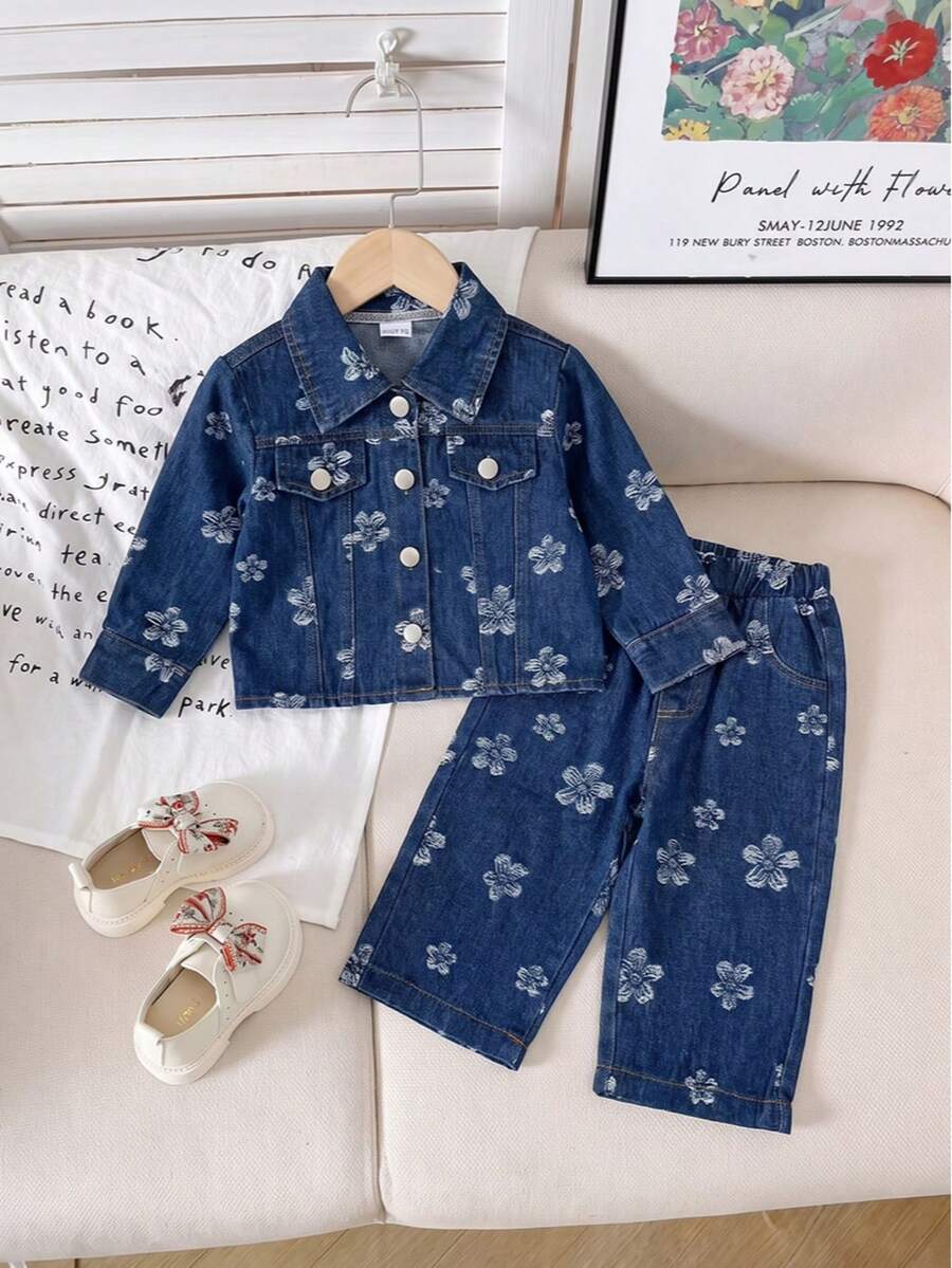Infant Vintage Jacquard Floral Denim Outfit, Kids Turn Collar Metal Button Jacket Loose Capri Pants, Baby Fashionable 2-Piece Set For Outings - Dark Wash - View 1