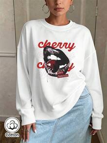 Women's Loose Fit Cherry Lips Print Crew Neck Sweatshirt, Breathable Street Style Pullover For Spring & Fall Daily Wear - White - View 2