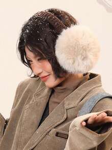 1pc Women's Patchwork Design Plush Warm Earmuffs, Foldable Ear Warmers For Autumn/Winter Travel, Outdoor, Commuting, Cycling, Anti-Freeze, Suitable For Cold Weather And Daily Wear - Beige - View 4