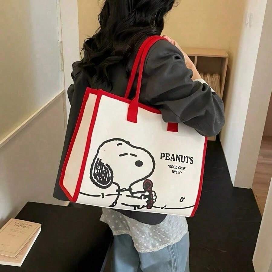 SNOOPY 1pc Cute Peanuts Cartoon Pattern Canvas Tote Bag, Large Capacity, Suitable For Work And Daily Outings, Perfect Gift - A - View 1