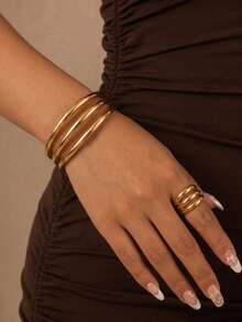 2pcs/Set Fashion Triple-Line Tubular Polished Metal Open Bangle & Ring Jewelry Set, Suitable For Women's Daily Wear And Party Use - Gold - View 6