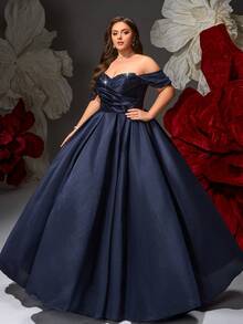 VIPGIRL New Navy Blue Strapless Sequin Patchwork Ruched Bust Design Elegant Plus Size Women's Formal Evening Gown - Navy Blue - View 3