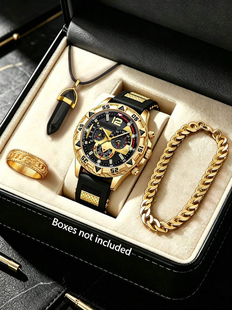 4-Piece Gift Set: Large Dial Silicone Strap Watch + Bullet Necklace + Cuban Style Bracelet + Ring, Boy's Gift - Multicolor - View 1