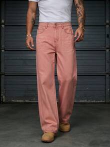 BLACKTOEXIT Spring/Autumn Men's & Women's High Street Sweet Cool Pink Loose Fit Versatile Denim Straight Leg Pants Fashionable Long Pants - Pink - View 3