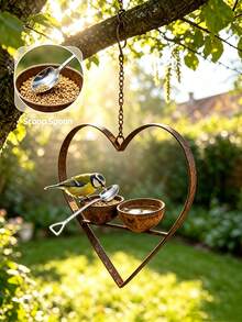 Rusty Metal Heart-Shaped Bird Feeder, Dual Bowl Design, Vintage Distressed Bird Food And Water Dual-Use Feeder, Hanging Design Suitable For Trees And Backyard Gardens, European Courtyard Landscape Country Style Outdoor Decor - Multiple Styles - View 2