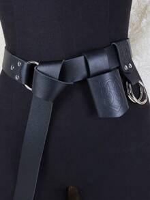 3PCS/Set PU Leather Vintage Decorative Belt, Medieval Viking Punk Style, Embossed Metal Ring Adjustable Sword Scabbard Waist Belt Skirt Clip, Adult Halloween Knight Cosplay Party Stage Performance Costume Accessory - A - View 7