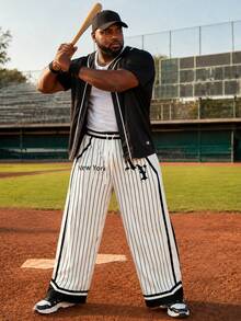 Celana Baseball Pria Ukuran Besar Motif Garis Vertikal Hitam Putih dengan Saku untuk Pemakaian Kasual Sehari-hari - Putih - View 11
