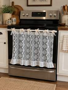 Beige Hollow Crochet Lace Oven Door Curtain With Bow‑Tie Straps & Ruffled Hem,Dishwashers Cover,Polyester Kitchen Stove Cover,Semi‑Sheer Stove Front Decor Cover,Rustic Farmhouse Cottage‑Style Kitchen Wall Decoration,Home Entryway Shoe Racks Ornament. - Beige - View 1