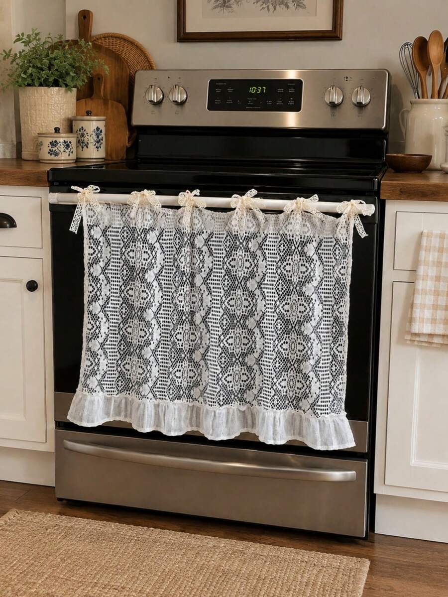Beige Hollow Crochet Lace Oven Door Curtain With Bow‑Tie Straps & Ruffled Hem,Dishwashers Cover,Polyester Kitchen Stove Cover,Semi‑Sheer Stove Front Decor Cover,Rustic Farmhouse Cottage‑Style Kitchen Wall Decoration,Home Entryway Shoe Racks Ornament. - Beige - View 1