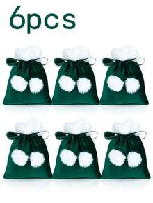 1/3/6pcs Christmas Gift Bags, Christmas Drawstring Bags, Christmas Red & Green Plush Small Gift Bags, White Pom Pom Decor, White Faux Fur Ribbon Drawstring Design, Christmas Gift Bags First Choice - Multiple Styles - View 5