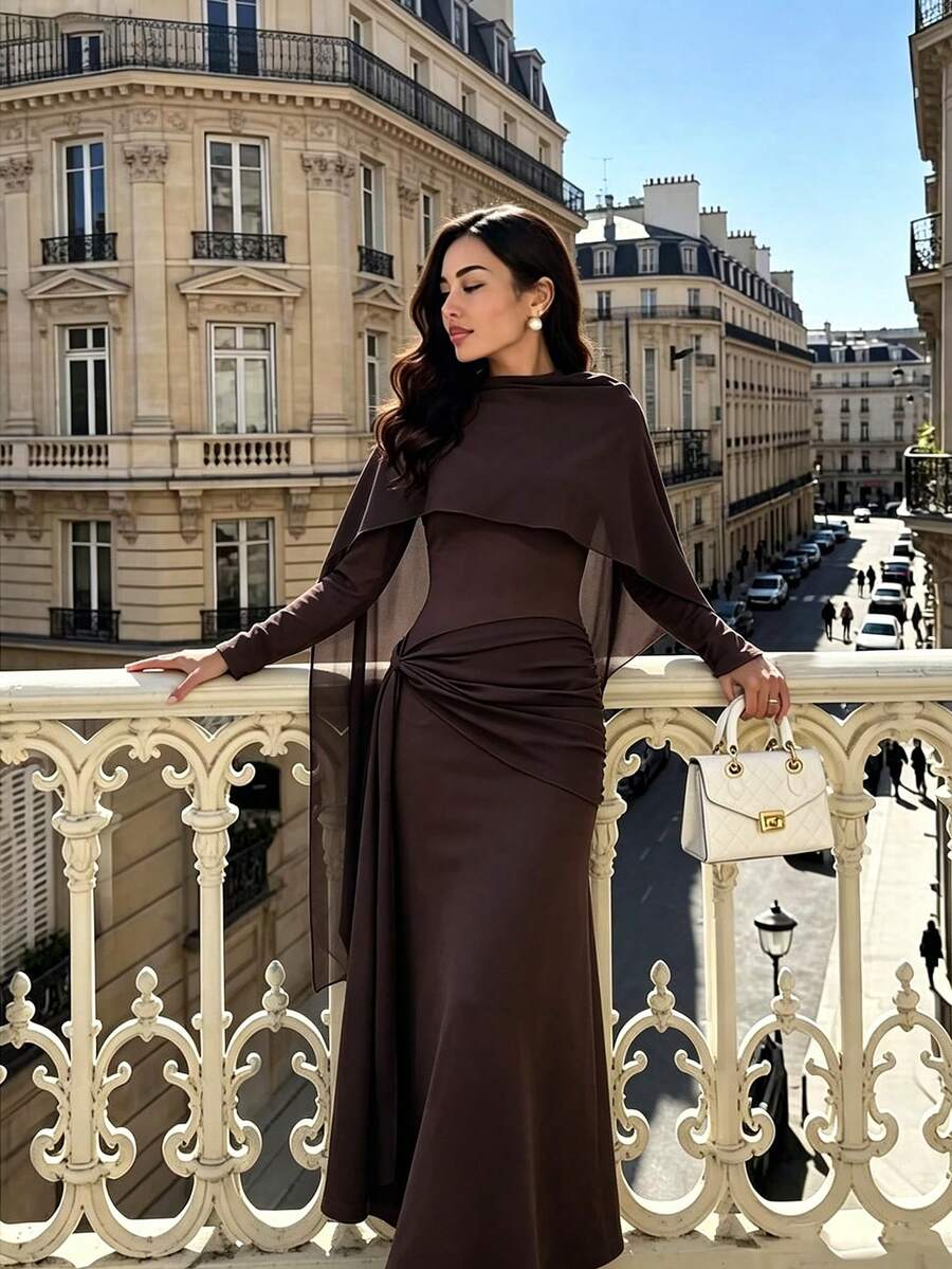 Women's Romantic Elegant Fashion Cape Design Chiffon Asymmetrical Knit Ruched Design For Date Party Vintage Back Water Drop Button Autumn/Winter