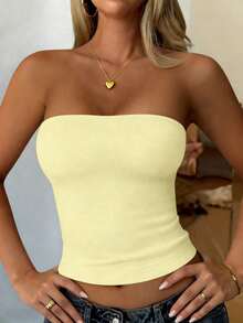 Women's Plus Size Summer Sexy Fitted Knit Tube Top Solid Color Yellow - Yellow - View 10