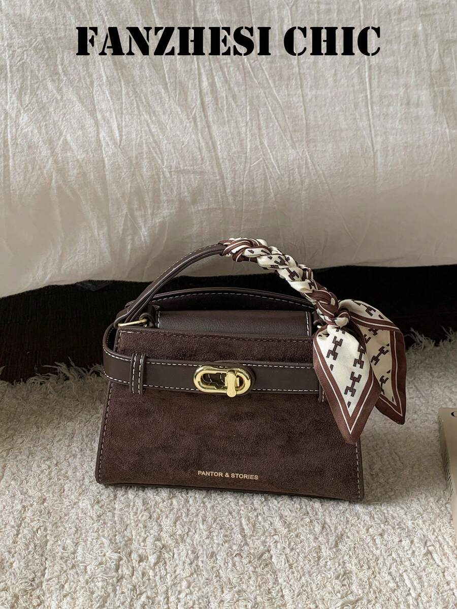 Handbag, Exquisite Small Square Handbag, Lock Closure Design For Secure And Convenient Use, Hand-Carry Part Decorated With Wrapped Scarf, Vintage And Gentle Style. Equipped With Detachable Long Shoulder Strap, Switchable Between Hand-Carry And Crossbody Carrying Methods, Compact And Exquisite Body, Suitable For Outings And Dates, Enhancing Overall Outfit Style. - Coffee Brown - View 1