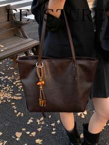 1pc Vintage Large Capacity Commuter Tote Bag, Zipper Closure, Pendant Decoration, Suitable For Daily Outing, Dating, Commuting - Coffee - View 7