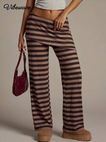 VIBEWAVE Brown & Black Striped Faux Two Pieces Skort, Low Waist Flared Long Casual Pants For Women, American Vintage Hot Girl Style, Spring/Autumn Streetwear Bottoms - Multicolor - View 3
