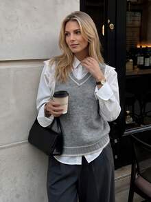 Nicenter Women's Fall Winter Grey V-Neck Contrast Lace Sleeve Wool Blend Sweater Vest, Elegant Casual Simple For Office Daily Home Date - Grey - View 7