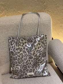 Back To School Leopard Print Korean Ins Style Canvas Tote Bag, Large Capacity Colorblock Handbag, Versatile Shoulder Bag For College Students, Campus Use - Silver - View 5