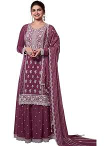 JZGZR Women's Art Silk Embroidery Work Kurta Palazzo Set With Dupatta - Darkpeach - View 1