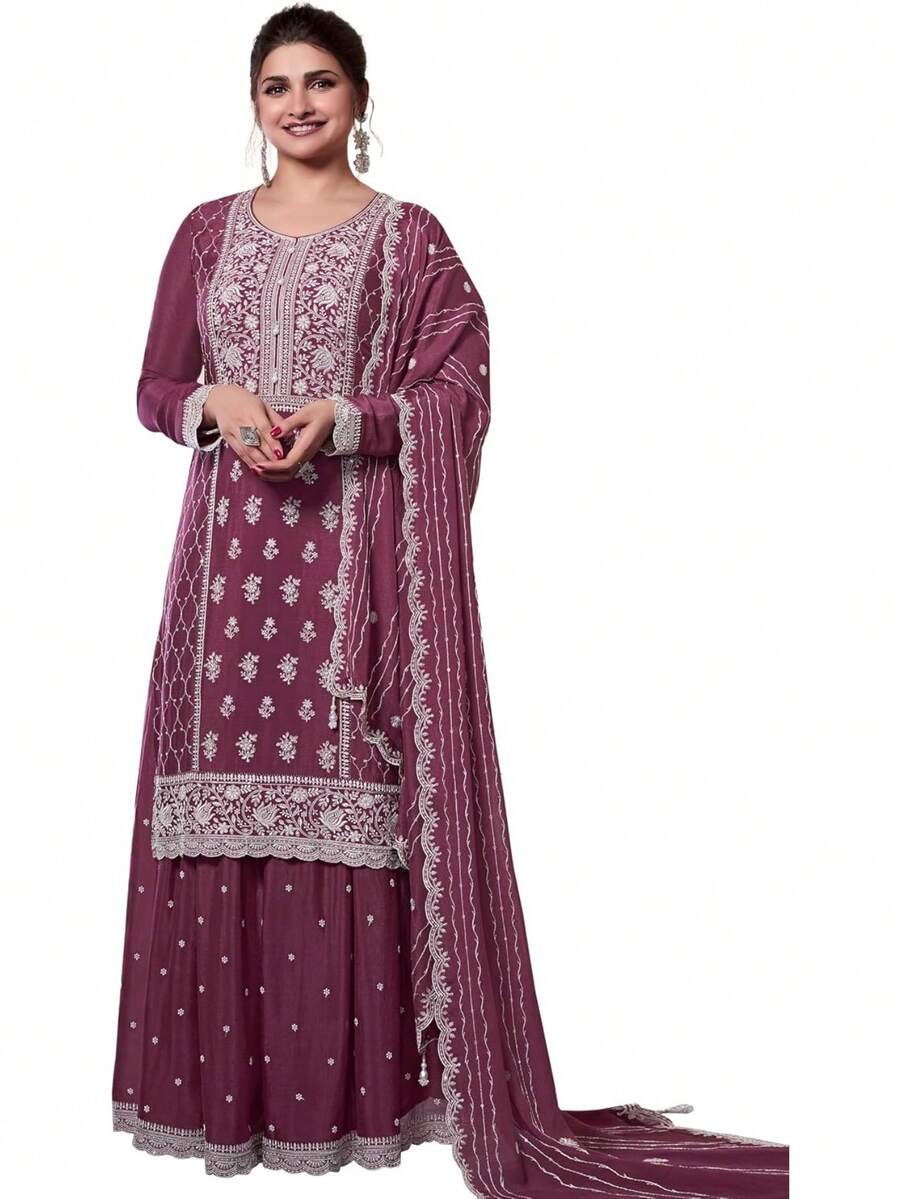 JZGZR Women's Art Silk Embroidery Work Kurta Palazzo Set With Dupatta - Darkpeach - View 1