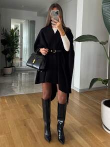 Elegant Women's Long Loose Black Knitted Wool Poncho Cardigan, Long Sleeve Asymmetric Design, Overlapping Collar, Suitable For Autumn/Winter (Belt Not Included) - Black - View 8