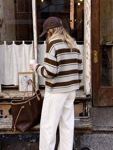 New Autumn/Winter Fashion College Style Striped Half-Button Knit Sweater, Casual Drop Shoulder Long Sleeve Pullover, Retro Striped, Polo Collar Design, Suitable For Daily Commute, Coffee Shop Visits, Weekend Dates, Campus College Style Outfit Knit Half-Button Pullover - Multicolor - View 3