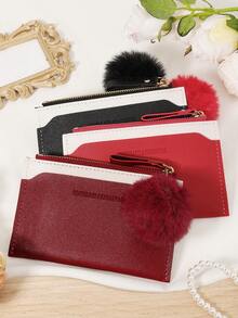 Fashionable And Minimalist Women's Credit Card Bag, With A Pom-Pom Charm, Convenient ID Window Certificate Package, Credit Card Storage Card Package - Burgundy - View 4
