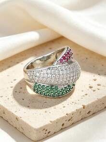 Eterna Glow 1 buah Cincin Mewah Bertatahkan Zirkonia Kubik Merah & Hijau untuk Wanita, Cincin Fashion Warna Perak, Geometri untuk Pemakaian Sehari-hari, Pesta, Pernikahan, Perhiasan Ulang Tahun - cincin - View 2