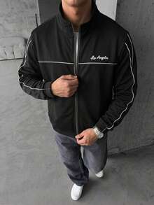 YUNCHIC Men's Casual Stand Collar Zip-Up Jacket, Los Angeles Letter Print, Sporty Style, Versatile Spring/Autumn Outerwear - Black - View 3