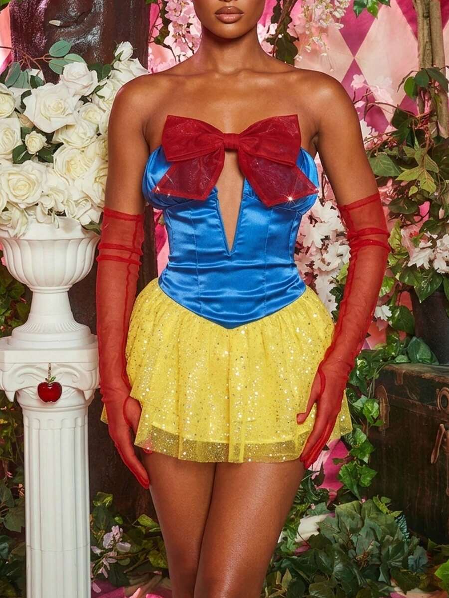 Women's Halloween Princess Cosplay Dress Set Strapless Bow Corset Style Sequin Tulle Mini Dress With Mesh Gloves For Costume Party Fall - Red - View 1