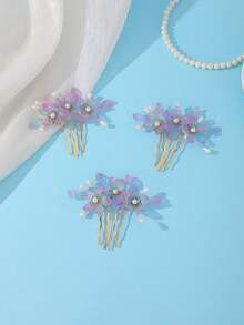 3pcs Bohemian Style Purple-Blue Gradient Floral Hair Combs With Rhinestone Flowers And Pearls, Bridal Back Head Hair Accessories - Multicolor - View 5